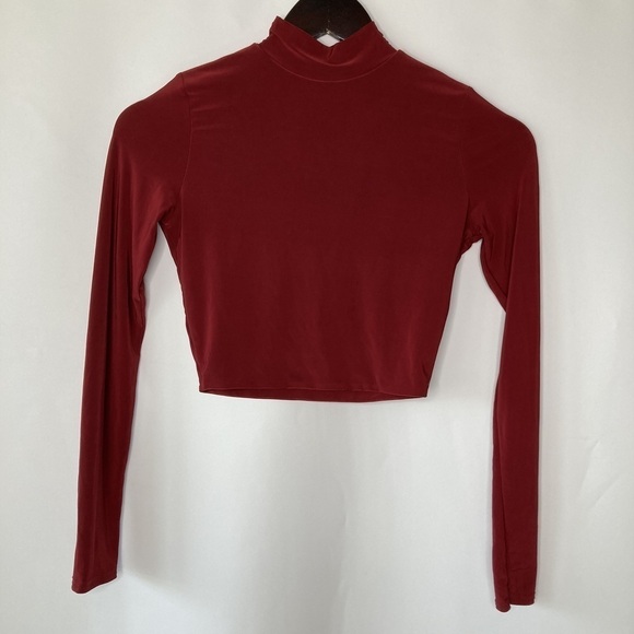 PrettyLittleThing Maroon Slinky High Neck Long Sleeve Crop Top Size 2 - Picture 1 of 8